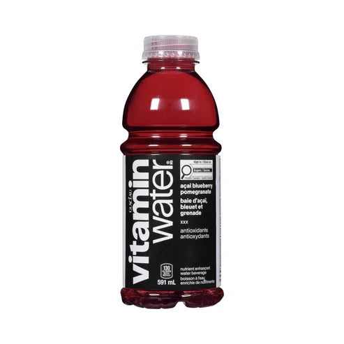 Front of Vitamin Water Açai Blueberry Pomegranate bottle featuring logo, acai blueberry pomegranate label and 591ml size