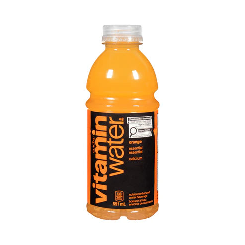 Front of Vitamin Water Orange bottle featuring bright orange liquid, logo, and details highlighting essential nutrients (591ml pack)