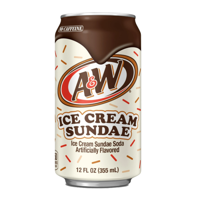 Front of A&W Ice Cream Sundae Soda can showing logo, ice cream sundae label, and sprinkles design (355ml)