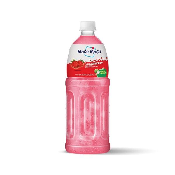 Front of Mogu Mogu Strawberry drink bottle featuring bright red label and strawberries, 1 litre pack size.
