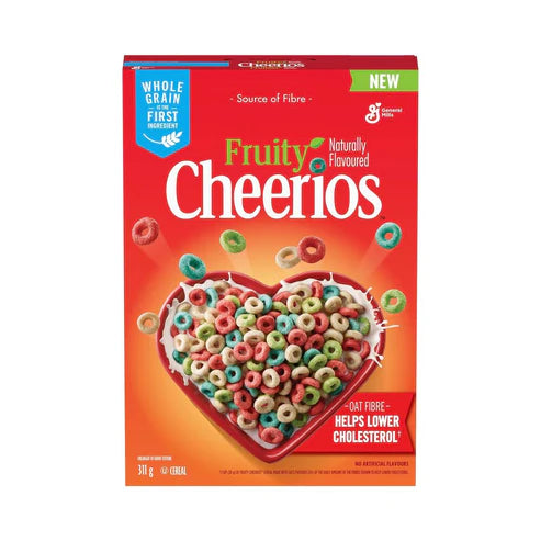 Front of Cheerios Fruity Cereal box showing vibrant fruity colours, Cheerios logo, and heart-shaped bowl of cereal (310g pack)