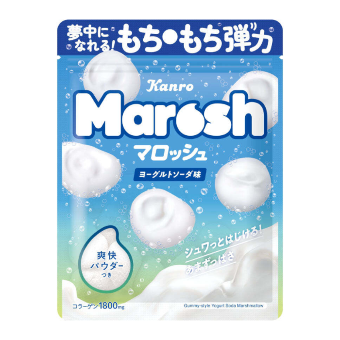 Front of KANRO Marosh Gummy Marshmallow Yogurt Soda Flavour bag showing fluffy marshmallows and blue packaging (50g pack)