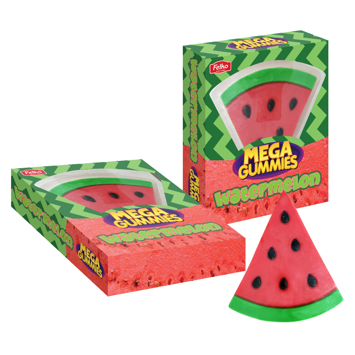 Front of Mega Gummies Watermelon package showing vibrant green and red packaging with watermelon slices and logo (600g pack)