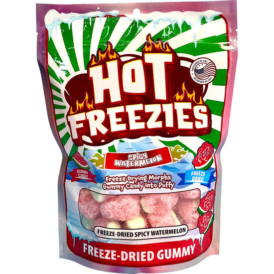 Front of Hot Freezies Spicy Watermelon Freeze-Dried Gummy bag showing bold logo with flames, flavour label, and freeze-dried gummy pieces (100g pack)