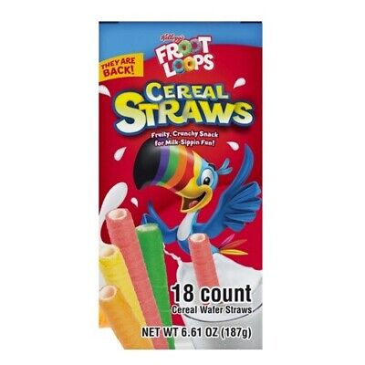Front of Froot Loops Cereal Straws package showing fruity straws, colourful branding, and an image of a toucan (50g pack)