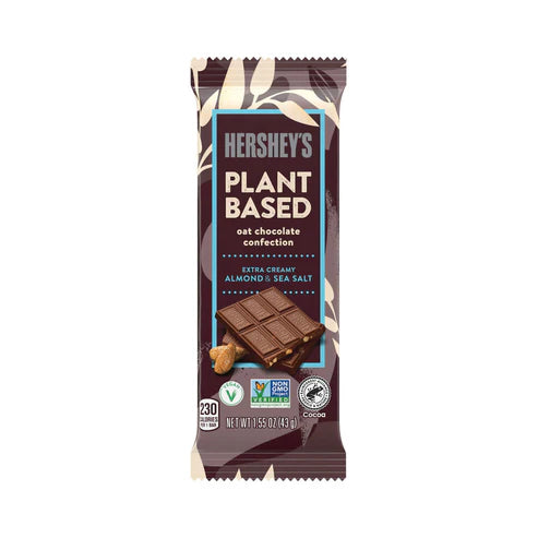 Front of Hershey's Plant Based Oat Chocolate Almond & Sea Salt bar showcasing the logo, product name, and key ingredients (43g pack)