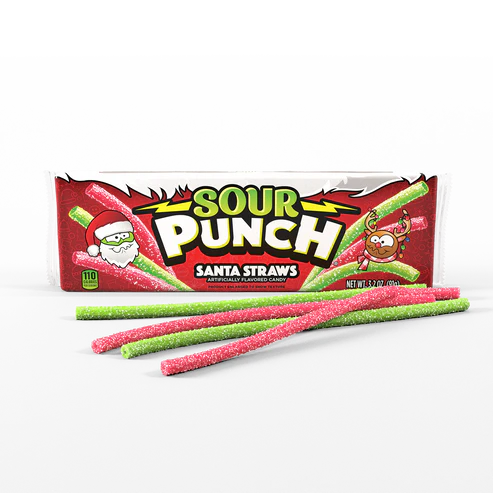 Front of Sour Punch Santa Straws packaging featuring festive design, with red and green straws and holiday-themed decorations (91g pack)