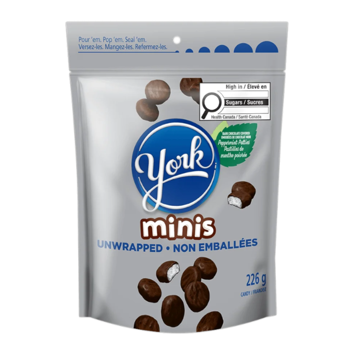 Front of YORK Unwrapped Mini Peppermint Patties bag featuring blue logo, chocolate-covered peppermint patties, and pack size (226g)