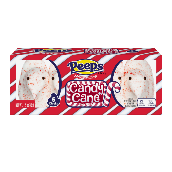Front of Peeps Candy Cane Chicks box showing five marshmallow chicks, candy cane flavour label, and red and white packaging (42g pack)