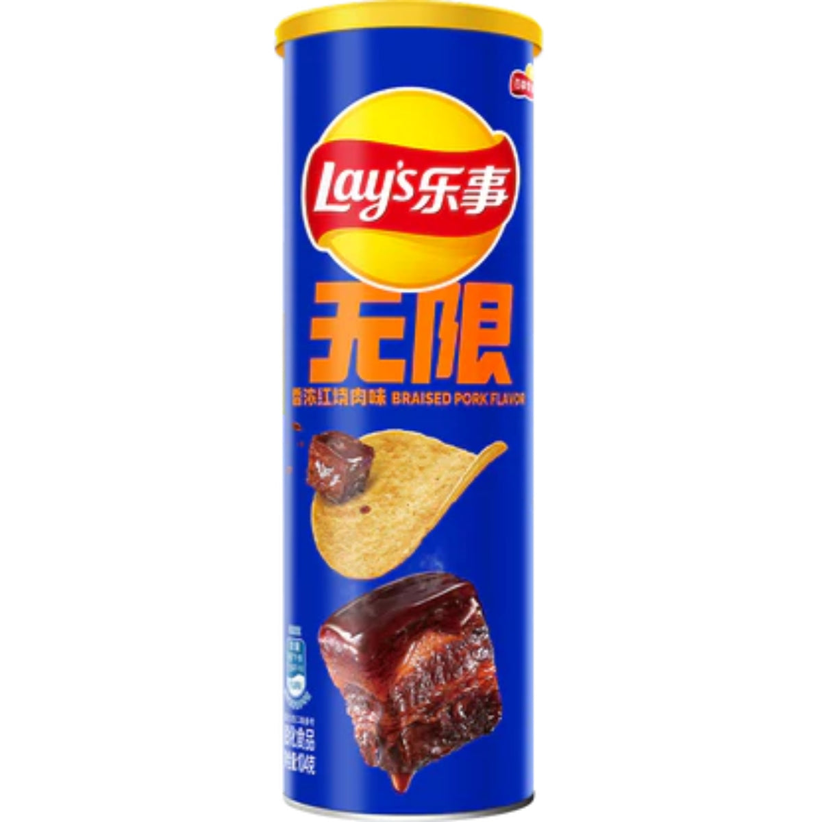 Front of a blue tube of Lay's Braised Pork Flavour (China) with yellow logo and image of chips and braised pork pieces (90g)