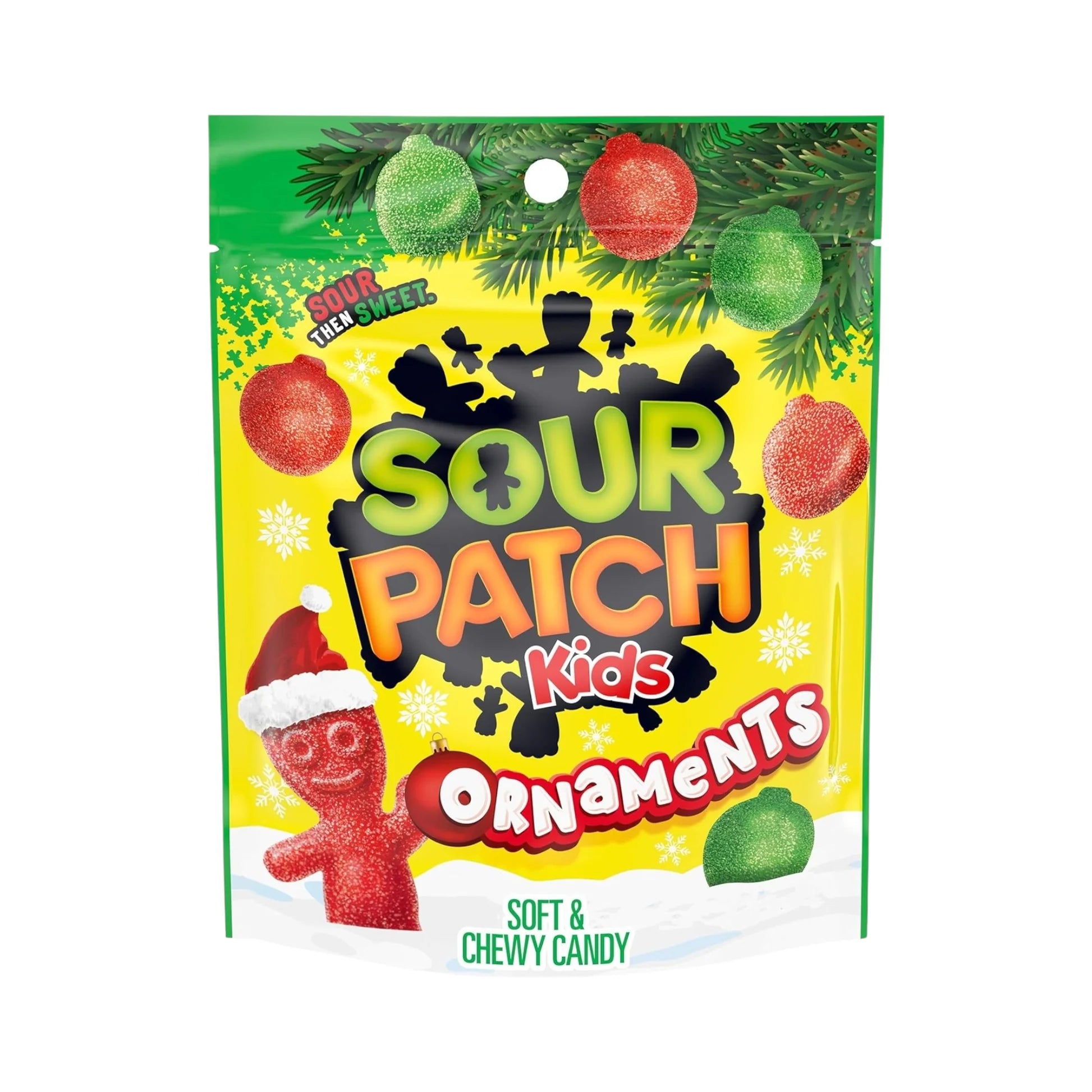 Front of Sour Patch Kids Ornaments bag showing green and red candies, festive design with Santa hat, and soft & chewy candy label (283g)