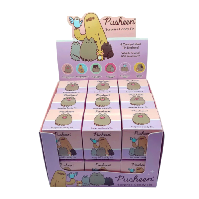 Front of Pusheen Surprise Candy Blind Box Tin showing whimsical design with Pusheen characters and colourful candy illustrations (20g)