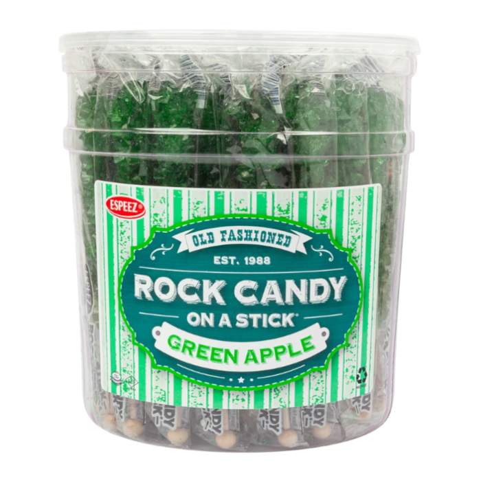 Front of a bucket of Espeez Rock Candy on a Stick Green Apple showing the logo and vibrant green candy pieces (23g)