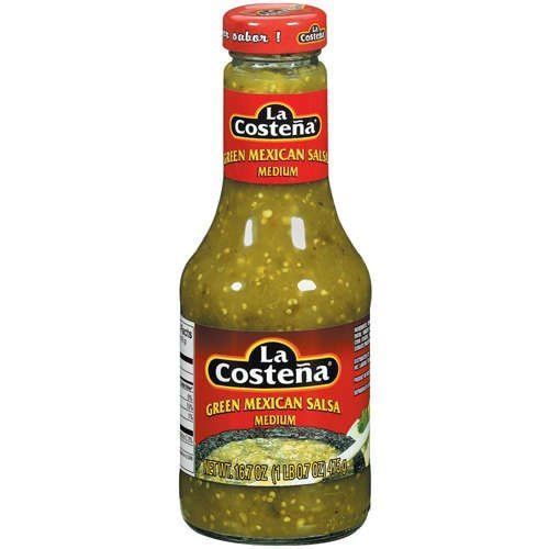 Front of La Costeña Green Mexican Salsa bottle displaying brand logo, green salsa label, and 473ml pack size.
