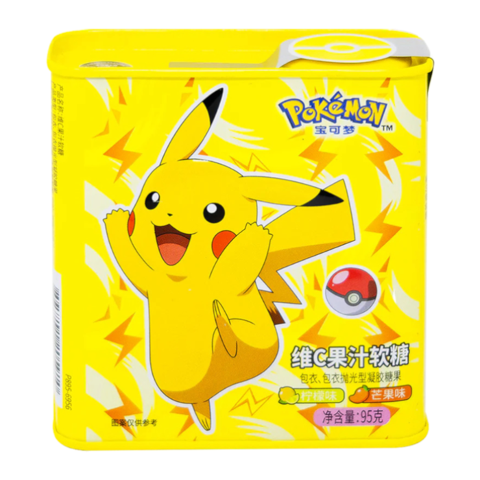 Front of Pokémon Soft Candy Tin featuring Pikachu, vibrant yellow design, lemon mango flavour, and 95g size.