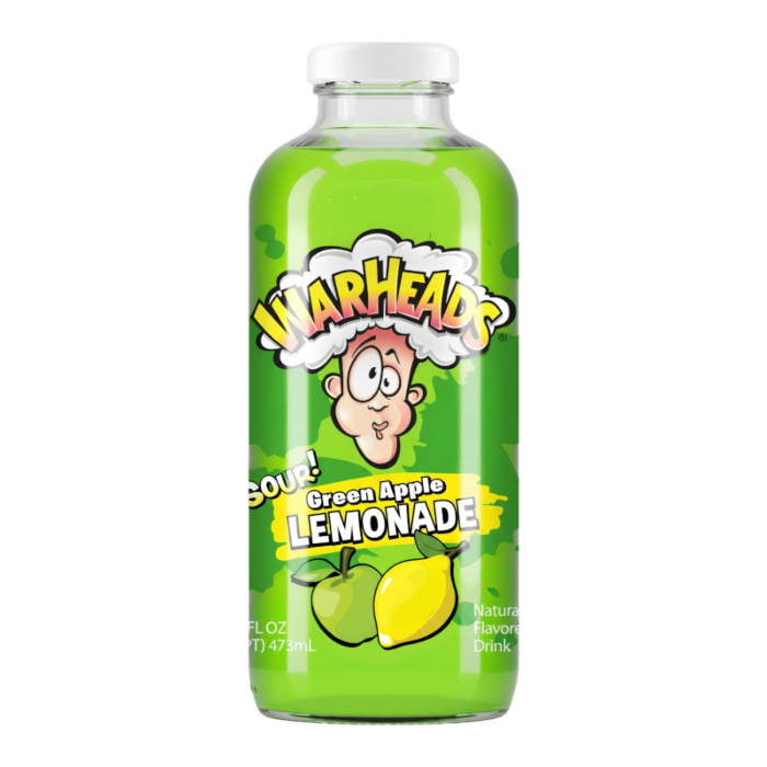 Front of Warheads Sour Green Apple Lemonade bottle featuring the logo, sour and sweet flavor labels, and bright green design (473ml)