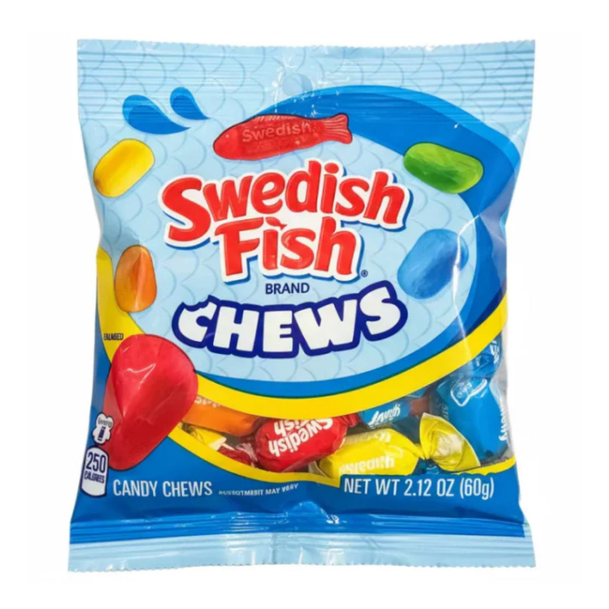 Front of Swedish Fish Chews 60g bag showing bright blue packaging with colourful candies displayed inside.
