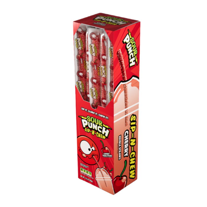Front of Sour Punch Sip-N-Chew Cherry box showing vibrant red packaging with a fun logo and cherry imagery (26g pack)