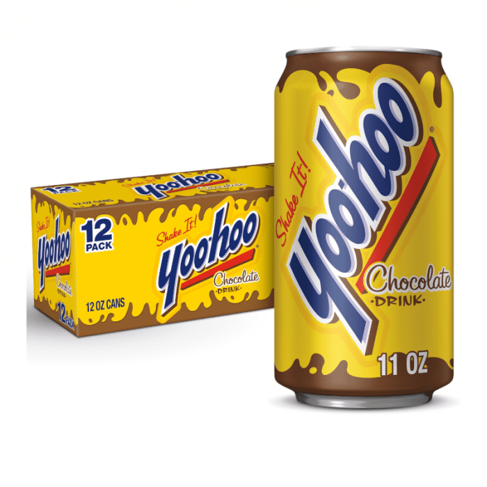 Front of Yoo-hoo Chocolate Drink can and case showing yellow packaging, chocolate drink label, and 12 pack of 325ml cans