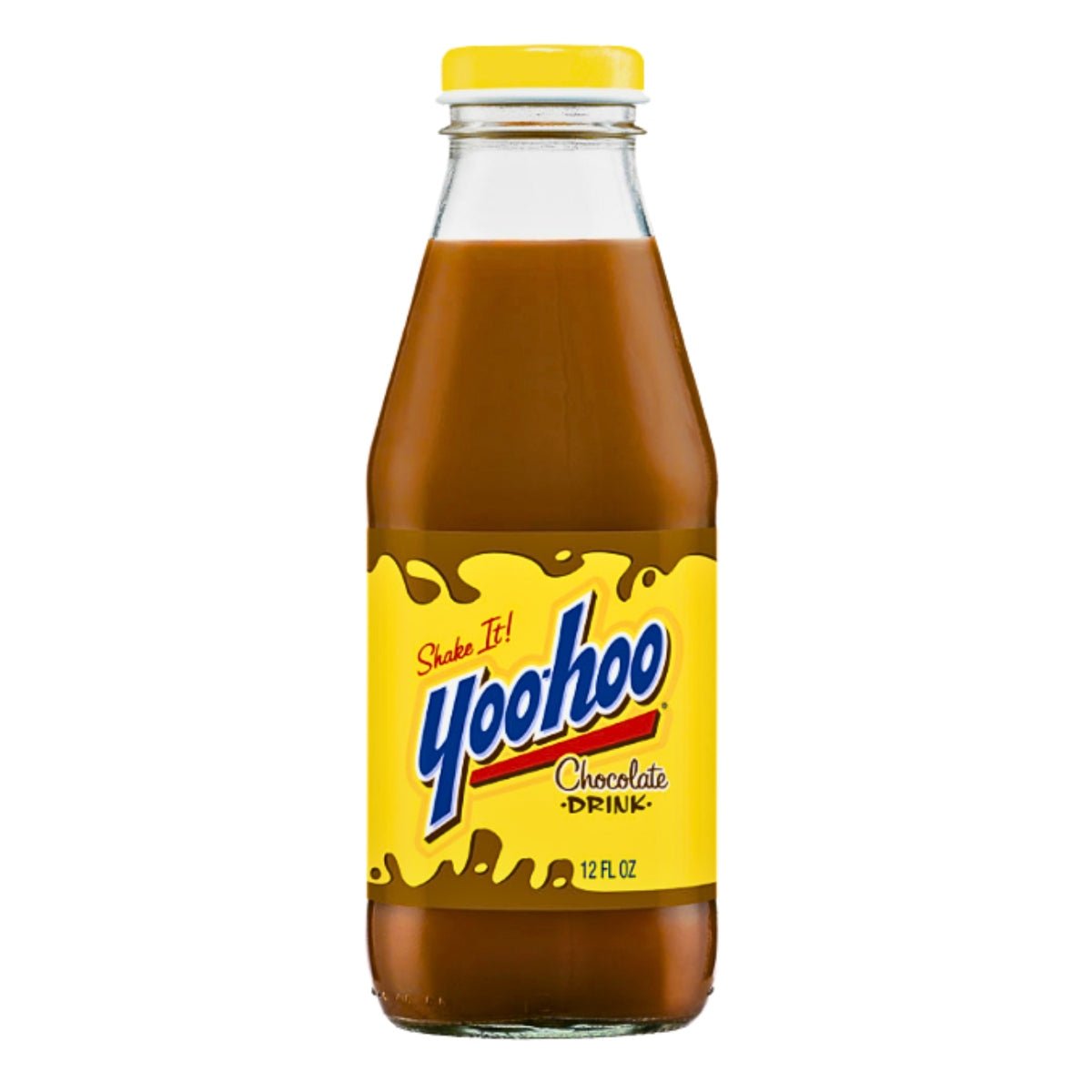 Front of Yoo-hoo Glass Bottle showing bright yellow label with chocolate drink logo and 355ml size