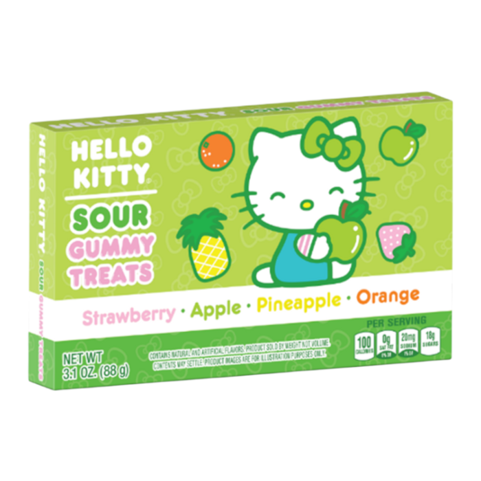 Front of Hello Kitty Sour Fruits Gummy Treats Theatre Box showing colourful packaging with Hello Kitty, flavours of strawberry, apple, pineapple, and orange (88g pack)