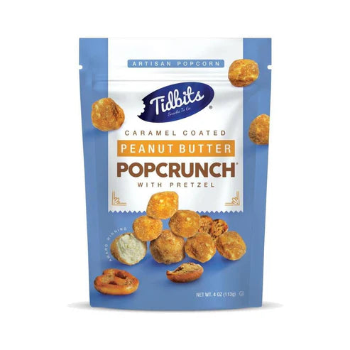Front of Tidbits Peanut Butter Popcorn with Pretzel bag featuring blue background, logo, and images of popcorn and pretzel pieces (113g pack)