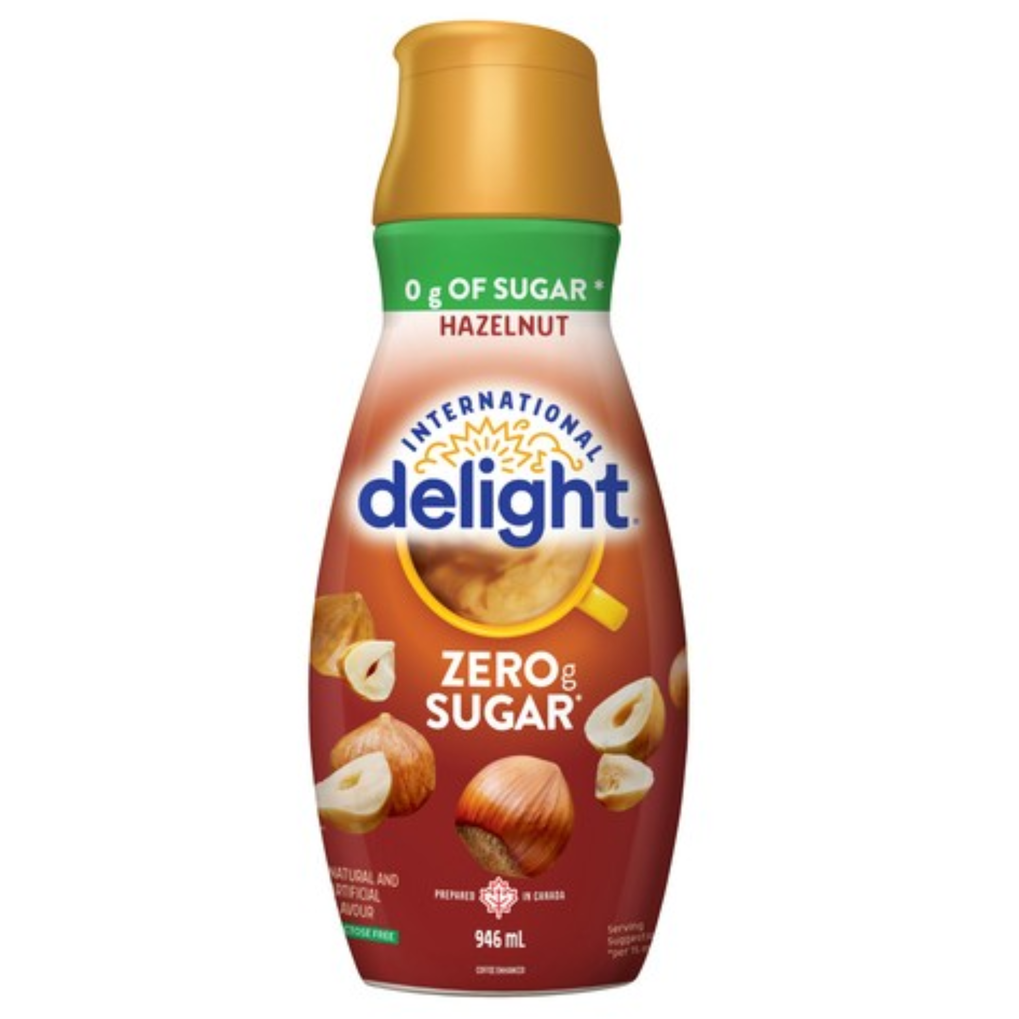 Front of International Delight Hazelnut Zero Sugar Coffee Creamer bottle showing logo, hazelnut flavour, and 946ml quantity