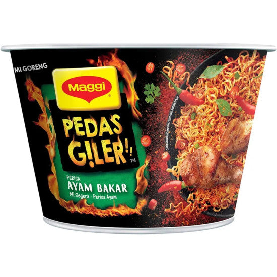 Front of Maggi Pedas Giler Ayam Bakar cup showing fiery design, chicken flavour details, and vibrant noodles with chilli peppers (92g pack)