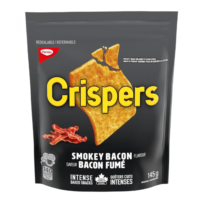Front of Crispers Smokey Bacon Crackers bag showing logo, smokey bacon flavour label, and pack size (145g)