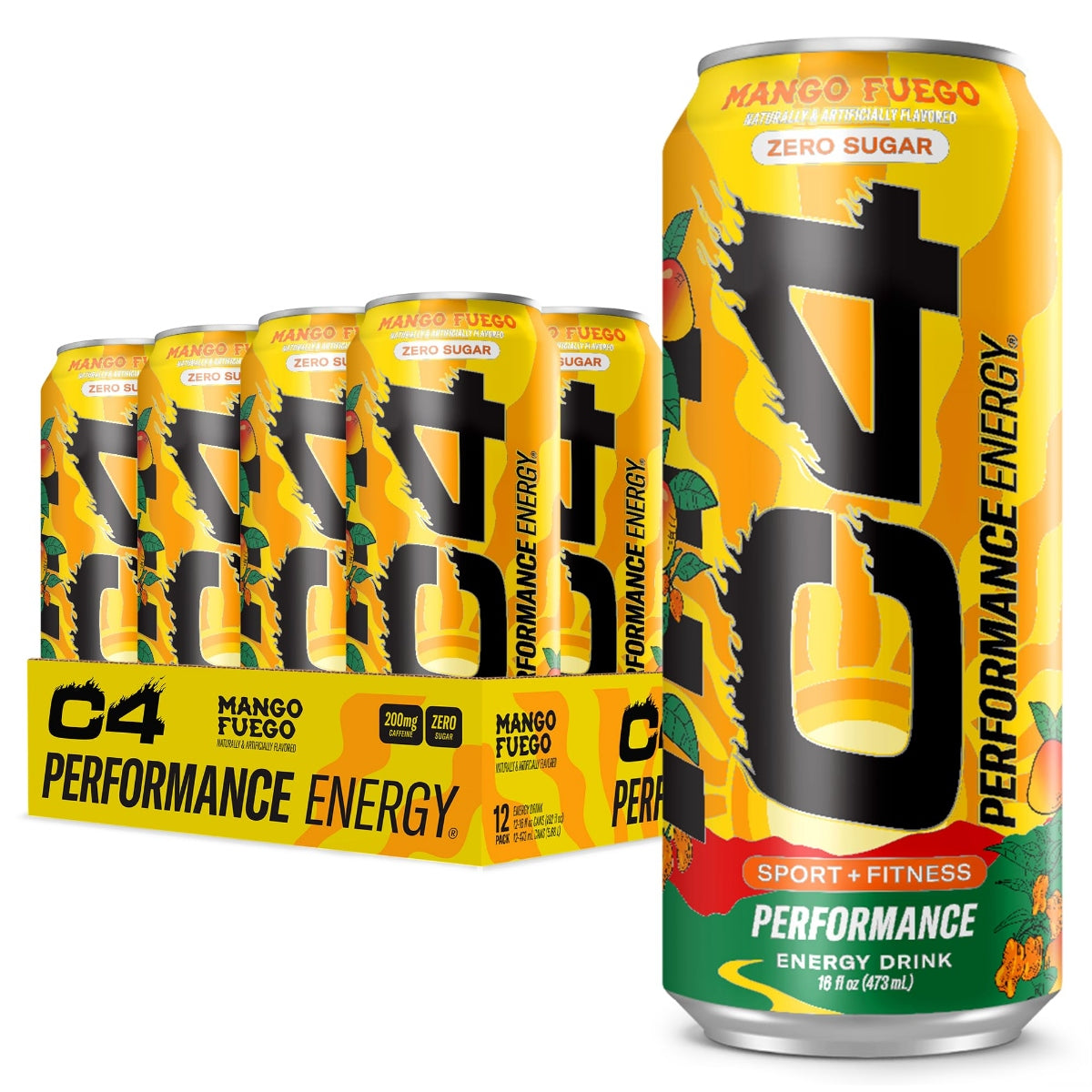 Front of C4 Zero Sugar Mango Fuego Energy Drink case showing 12 cans packaging, bold yellow and black logo, and mango flavour details (12 x 473ml)