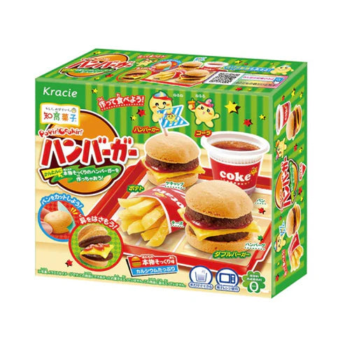 Front of Kracie Hamburger DIY Candy Kit box featuring colourful illustrations, kit details, and delicious-looking mini hamburger setup (22g pack)