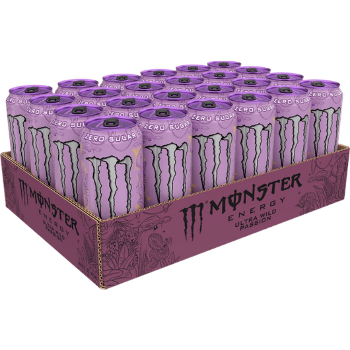 Front of Monster Ultra Wild Passion energy drink case featuring bold logo and vibrant purple cans (24 x 473ml)