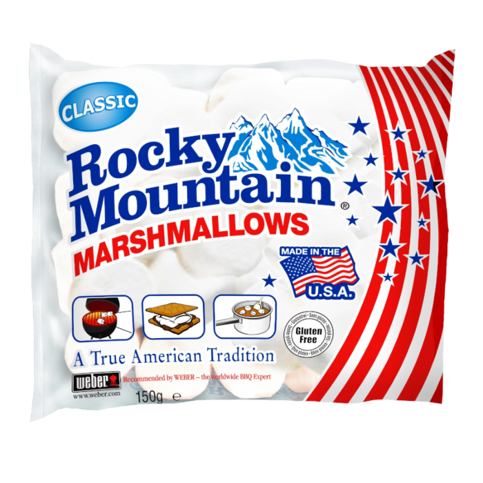 Front of a 150g bag of Rocky Mountain Classic Marshmallows showing brand logo, marshmallow image, and gluten-free badge.