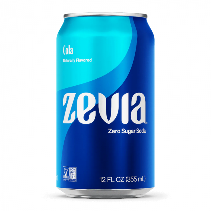 Front of Zevia Zero Calorie Cola can featuring the logo, cola flavour label, and 355ml size indication