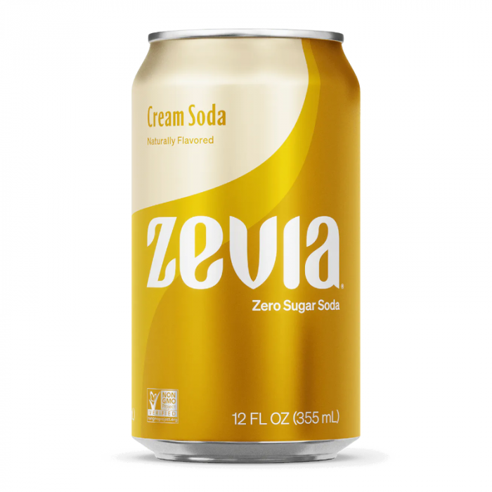 Front of Zevia Zero Calorie Cream Soda can showing yellow design, logo, cream soda label, and 355ml capacity.