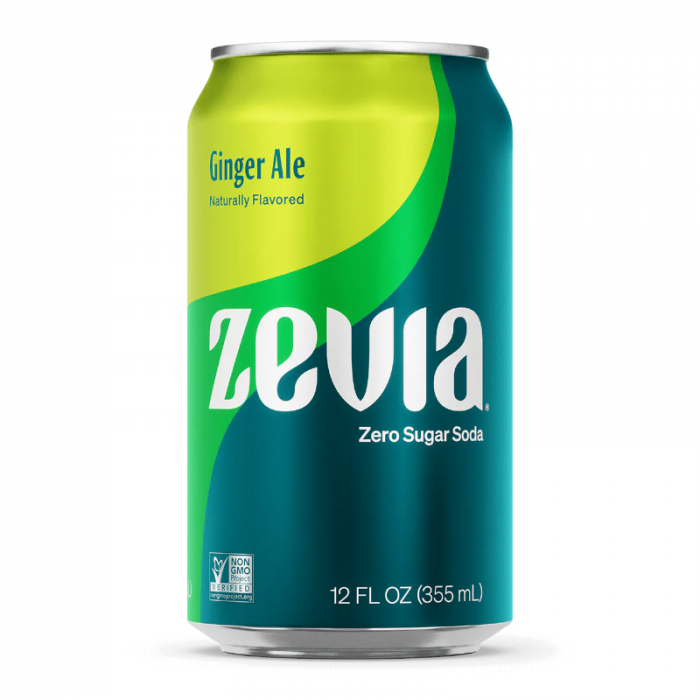 Front of Zevia Zero Calorie Ginger Ale can featuring green and blue design, ginger ale label, and 355ml size indication.