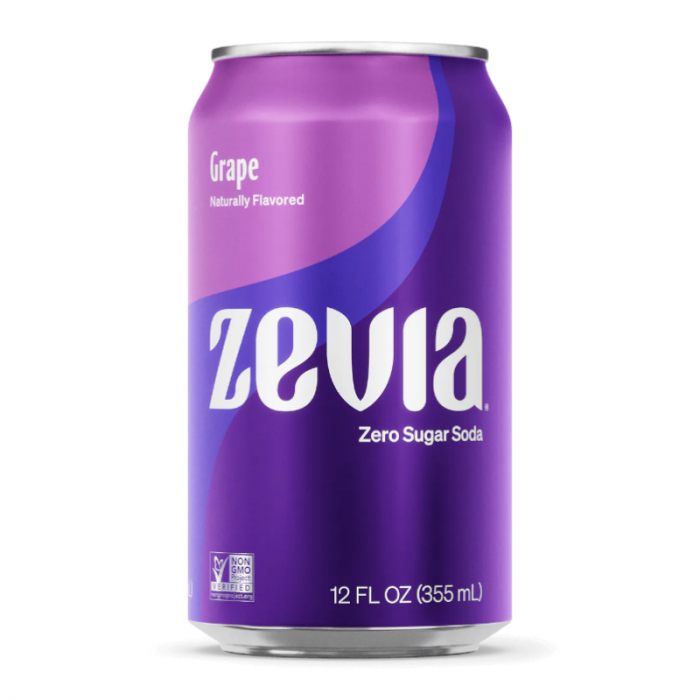 Front of Zevia Zero Calorie Grape can showing logo, grape flavour details, and pack size (355ml)