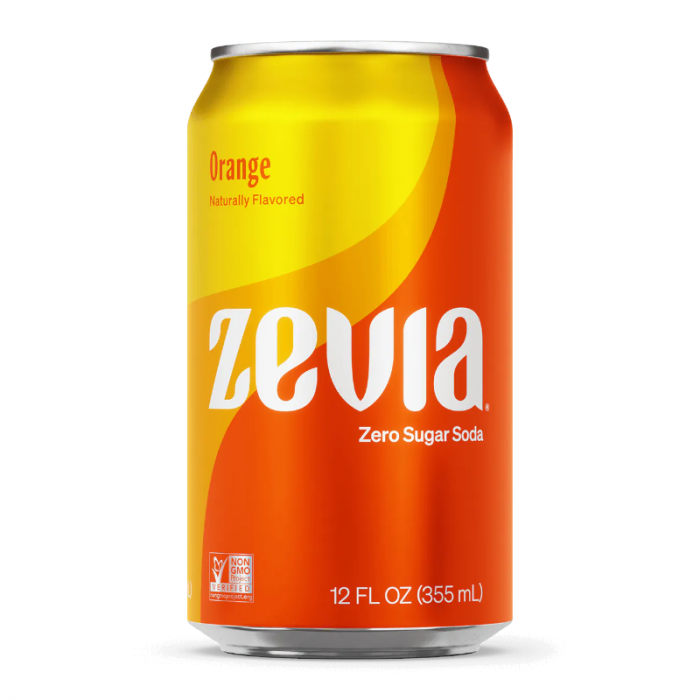 Front of Zevia Zero Calorie Orange can displaying bright orange colour, natural flavour label, and 355ml pack size.