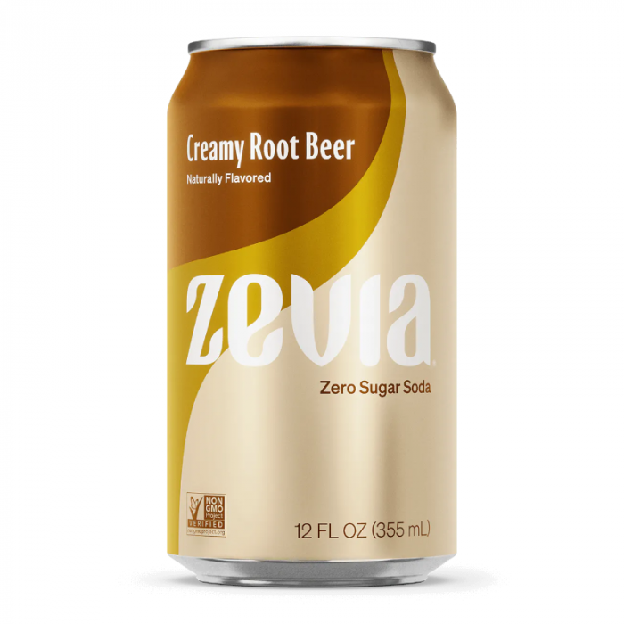 Front of Zevia Zero Calorie Creamy Root Beer can showing the logo, creamy root beer label, and pack size (355ml)