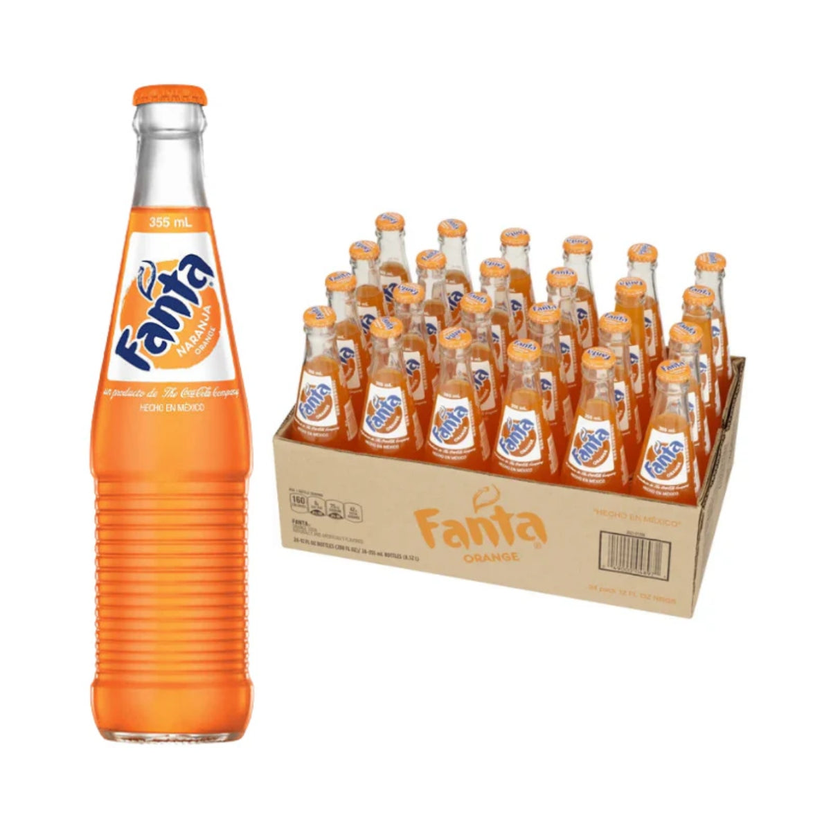 Front of Mexican Fanta Orange Case showing bold logo, vibrant orange bottles, and pack size (24 x 355ml)
