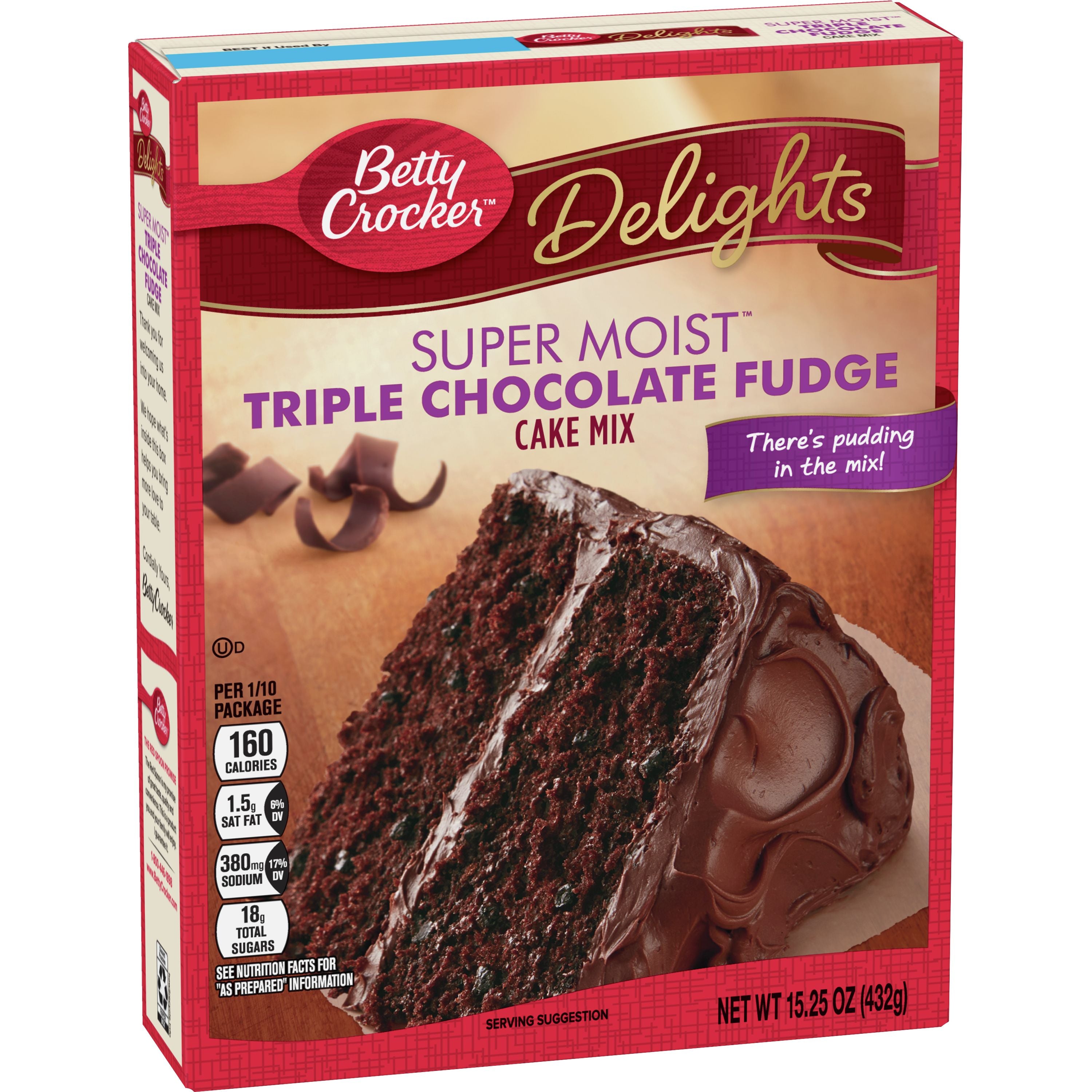 Front of Betty Crocker Super Moist Triple Chocolate Fudge Cake Mix box showcasing the logo, vivid chocolate cake image, and 432g pack size.