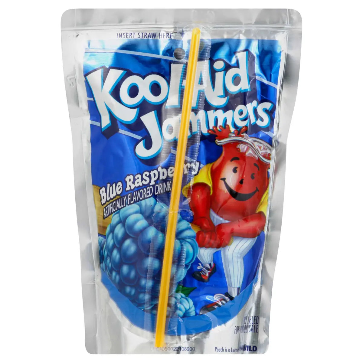 Front of Kool Aid Jammers Blue Raspberry pouch showing vibrant blue design, logo, and 177ml pack size with a straw attached.