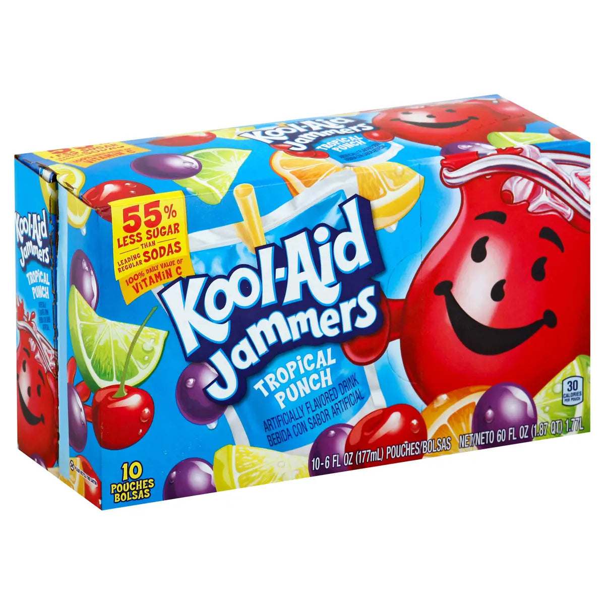 Front of Kool Aid Jammers Tropical Punch box showing bright blue packaging, fruit illustrations, and 10 pouches (10 x 177ml)