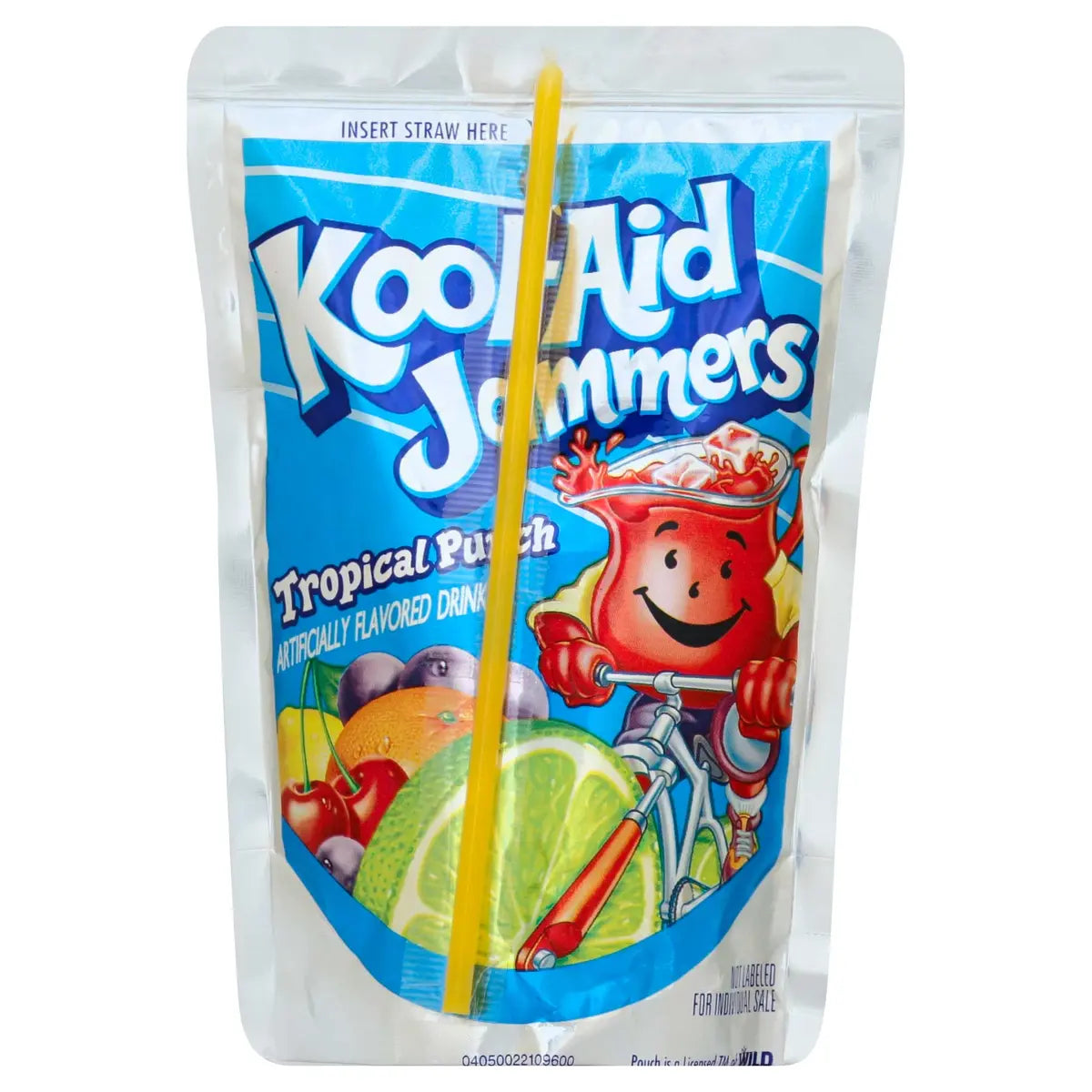 Front of Kool Aid Jammers Tropical Punch pouch showing the bright blue label, Tropical Punch flavour text, and a colourful assortment of fruits (177ml pack)