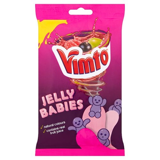Front of Vimto Jelly Babies bag featuring the Vimto logo, jelly babies illustration, and natural colours label (150g pack)