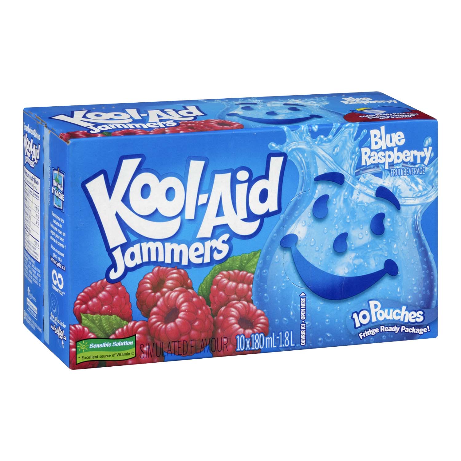 Front of Kool Aid Jammers Blue Raspberry pack showing logo, blue raspberry flavour, and image of 10 pouches in case (10 x 177ml)