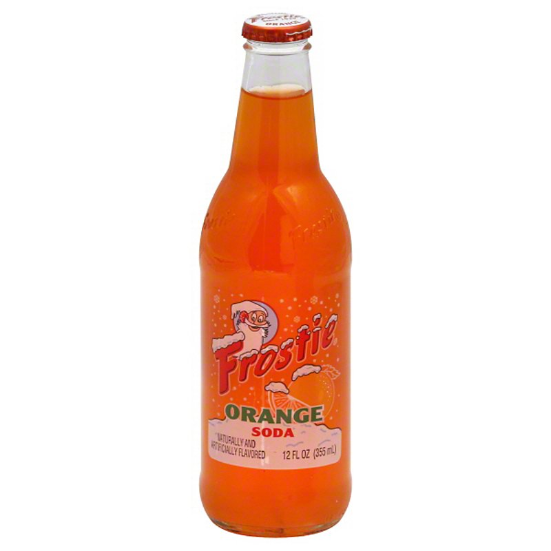 Front of Frostie Orange Cream Soda bottle showing bright orange beverage, Frostie logo, and orange soda label (355ml pack)