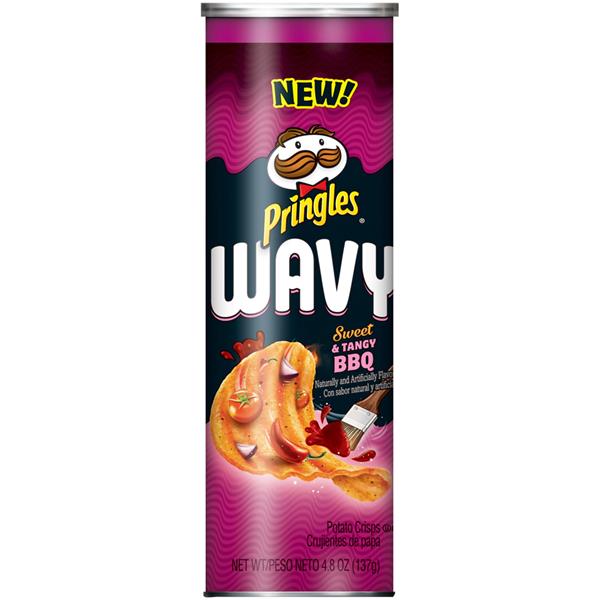 Front of Pringles Wavy Sweet & Spicy BBQ canister showing brand logo, wavy potato crisps, and BBQ flavour details (136g pack)