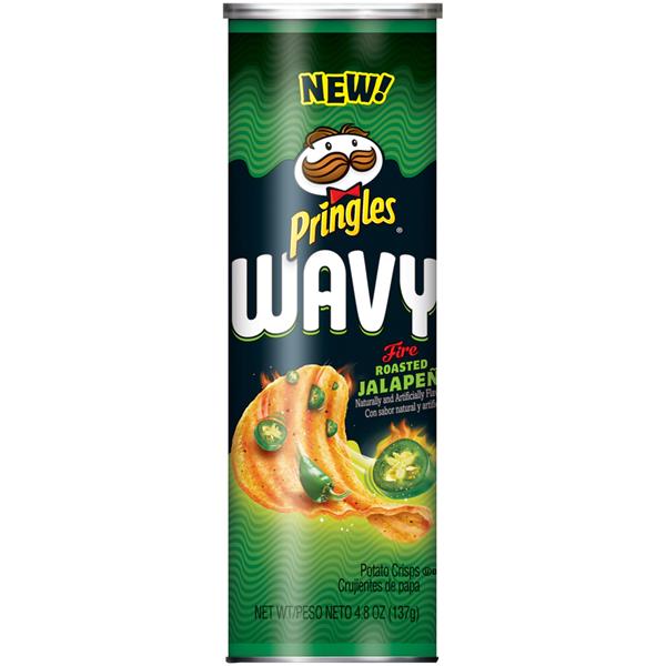 Front of Pringles Wavy Fire Roasted Jalapeno tube featuring bold logo, wavy crisps, and jalapeno peppers (124g pack)
