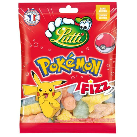 Front of Lutti Pokemon Fizz bag featuring bright red background, vibrant logo, colourful fizzy sweets, Pikachu illustration, and 100g pack size.